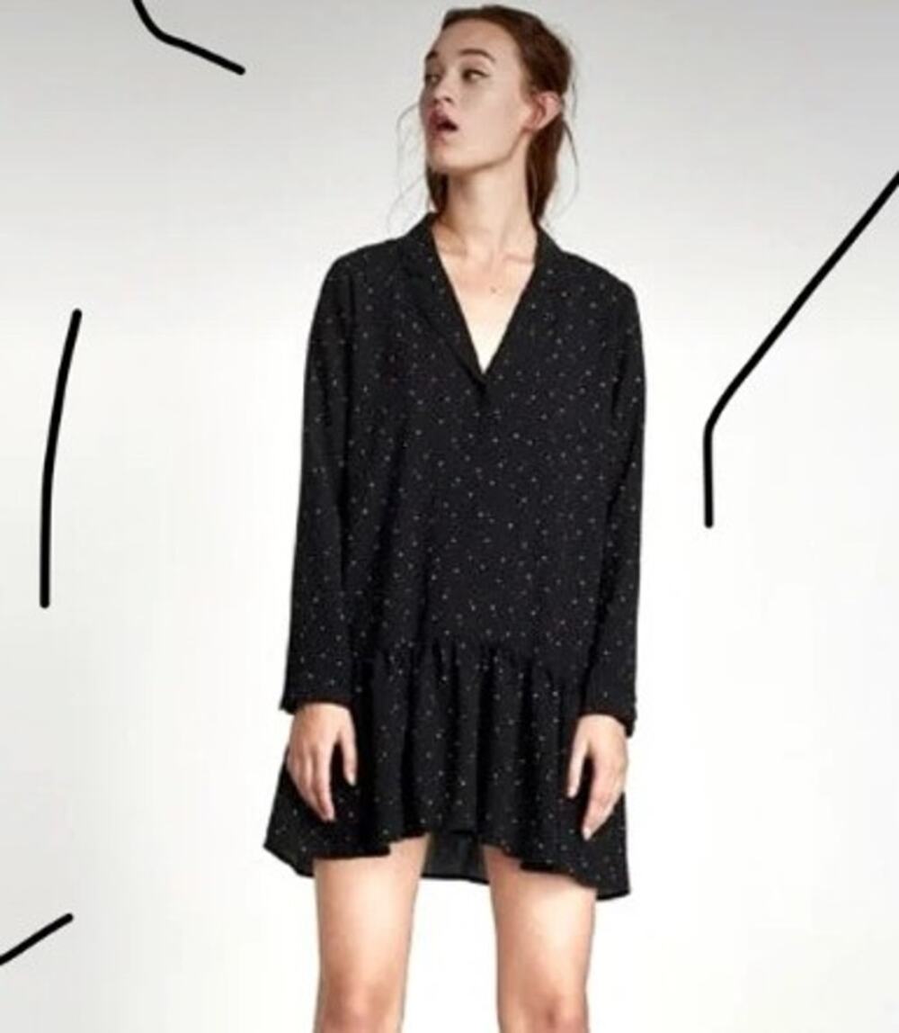 Zara Women's Black  Drop Waist Shirt Mini Dress Stars Boho Artsy Sz XS